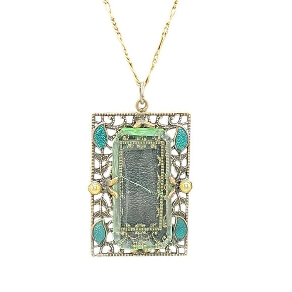 Artistry Green Glass Filigree Framed Pendant Necklace Enamel & Faux Pearl Accent - Picture 8 of 16
